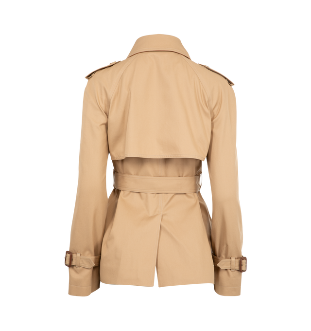 Image 2 of 3 - BROWN - CHLOE Short Trench Coat in cotton gabardine featuring a lambskin-trimmed chin-strap collar, engraved horn buttons and a removable buckled belt. A storm flap, shoulder tabs and cuff tabs finish this piece. 100% cotton.