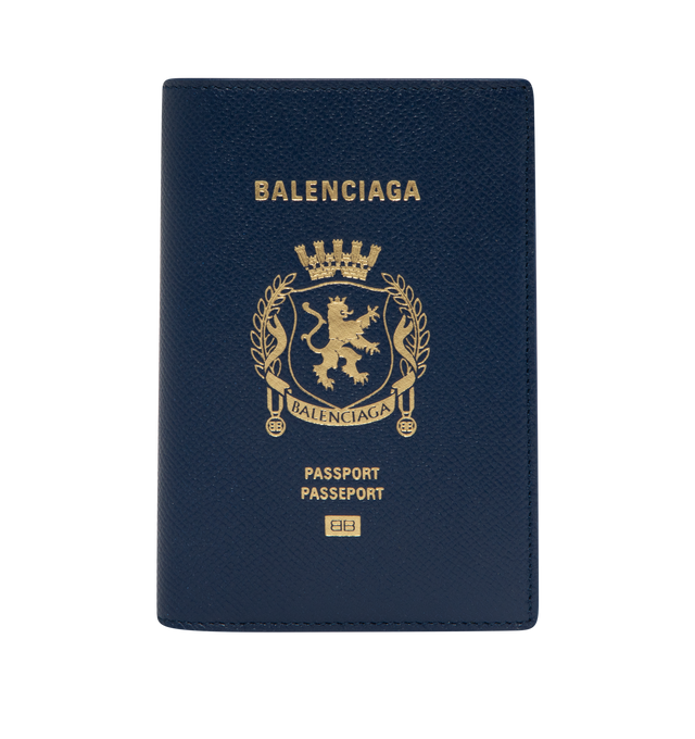 Image 1 of 3 - NAVY - Balenciaga Logo Passport Holder has 4 card slots, 1 flat pocket, and a signature brand logo printed on the front. 3.9 x 5.5 0.6 inches. 100% calfskin. Made in Italy.