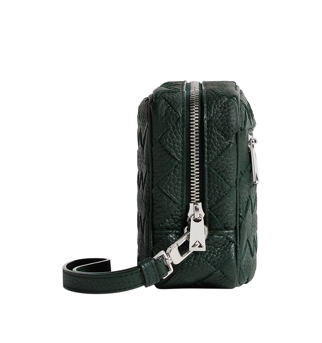 Image 2 of 4 - GREEN - BOTTEGA VENETA Intrecciato Small Pouch With Wristlet featuring small pouch in Intrecciato grained leather, one single compartment, one internal flat leather pocket with three card slots, one exterior zipped pocket, detachable leather wristlet with a hook and zip closure. Calfskin. 5.1" x 8.3" x 2.4". Made in Italy.
