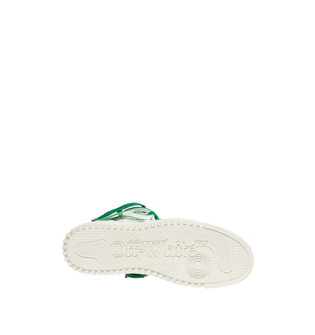 Image 4 of 5 - WHITE - OFF-WHITE 3.0 OFF COURT CALF LEATHER are high top "Off-Court" 3.0 sneakers in white with Off-White logo on one side. Green and black labels detailing. White rubber sole. Green and black lace-up closure. Outer: 30% Cotton Outer: 55% Leather Outer: 10% Polyamide Outer: 4% Polyester Sole: 100% Rubber Outer: 1% Elastane 