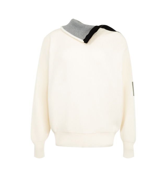 Image 1 of 3 - WHITE - Loewe Women's Sweater is crafted from medium-weight wool and features a relaxed-fit silhouette with a regular length. Designed with an asymmetric zip-up collar featuring a contrast reverse and a Double L embossed leather patch on the left sleeve. Main Material: 100% Wool. Made in Italy.
