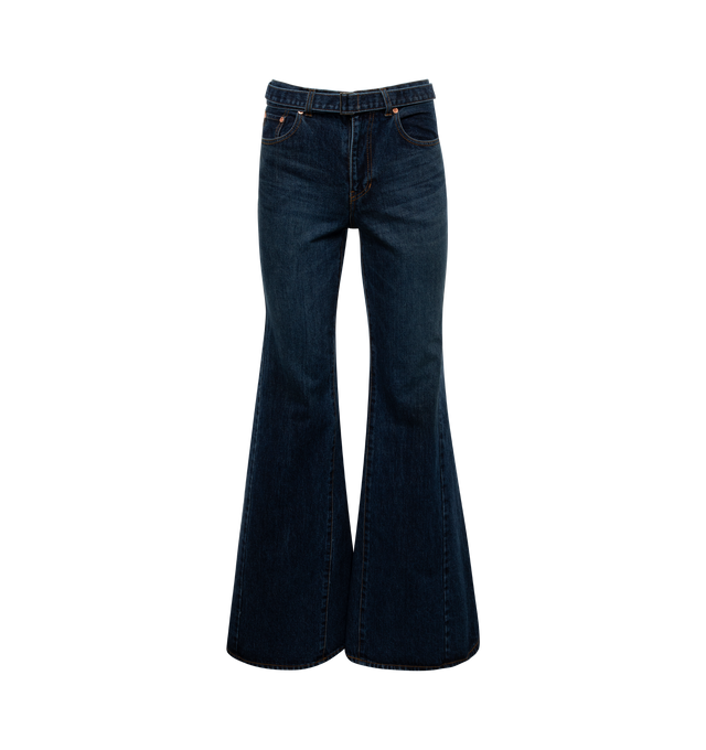 Image 1 of 2 - BLUE - SACAI Belted Jeans featuring belted waist, 5 pocket styling, zip fly closure and flare hem. 100% cotton.  
