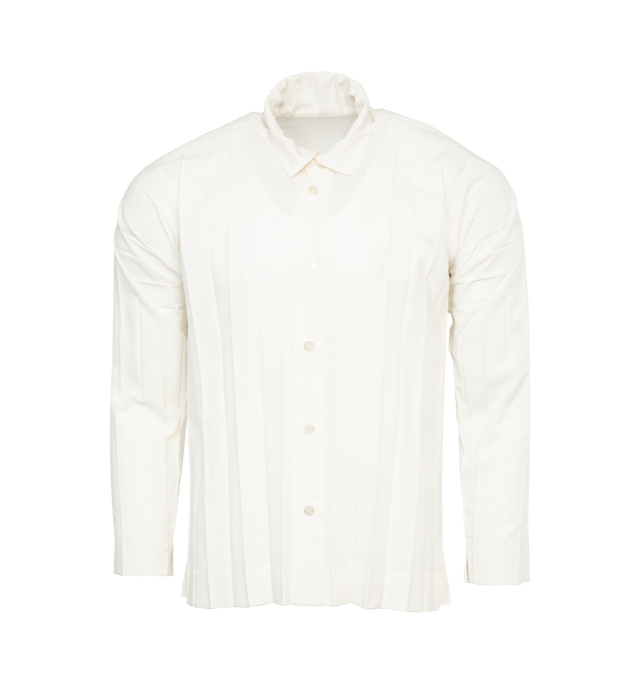 Image 1 of 4 - WHITE - ISSEY MIYAKE Edge Shirt featuring hand-pleated polyester broadcloth shirt, spread collar, button closure, dropped shoulders and vented side seams. 100% polyester. Made in Philippines. 