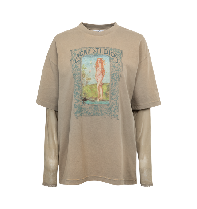 Image 1 of 2 - BROWN - ACNE STUDIOS Layered Printed Top featuring oversized fit, mesh sleeves, crew neck and graphic print on front. 100% cotton. 100% nylon. 