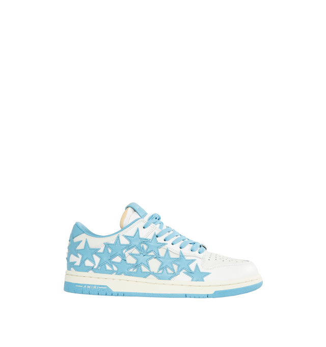 Image 1 of 5 - BLUE - AMIRI Stars Leather Low-Top Sneakers featuring flat heel, round toe, logo on the tongue and heel, lace-up vamp, star clusters on the side and rubber outsole. 