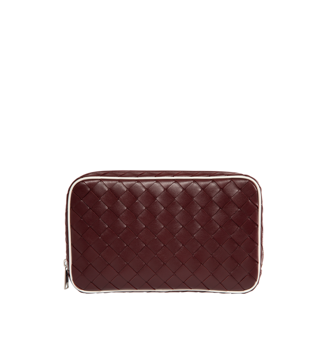 Image 1 of 4 - BROWN - Bottega Veneta medium zipped pouch in Intrecciato calf leather with contrasted piping, interior leather tag with embossed logo and zipper closure. Calfskin with canvas lining and silver tone hardware. Measures 6.7" high x 10.2" wide x 2" deep. Made in Italy.