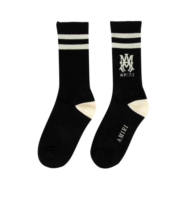 Image 2 of 2 - BLACK - AMIRI MA Stripe Socks featuring double stripes with the MA logo on the side and ribbed cuffs. 78% cotton, 20% polyester, 2% elastane.