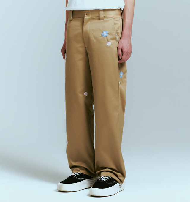 Image 3 of 4 - BROWN - NAHMIAS Flower Worker Pant featuring a straight-leg silhouette, flower embroidery throughout, button zip closure, side pockets, back welt pockets and belt loops at waist. 100% cotton.