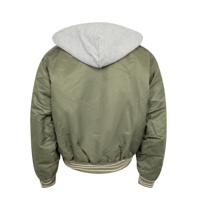 Image 2 of 3 - GREEN - NAHMIAS Nylon Hooded Bomber featuring cotton fleece hood, zip front fastening and snap closures, striped rib waistband and cuffs, N patch on front and boxy fit. 100% nylon.