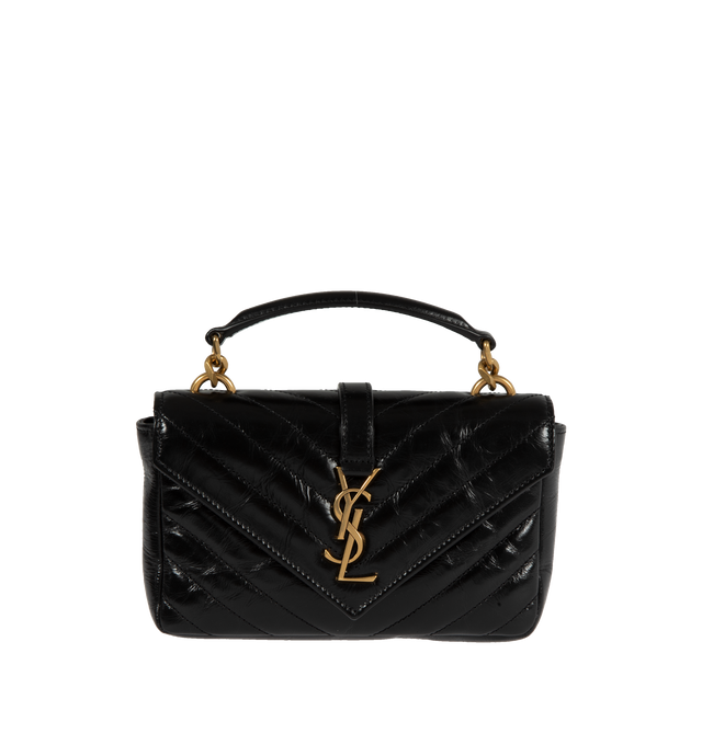 Image 1 of 3 - BLACK - SAINT LAURENT College Mini Chain Bag featuring chevron quilted overstitching, top handle, detachable leather and chain strap and magnetic snap closure. 7.9" X 5.1" X 1.2". 100% calfskin.  