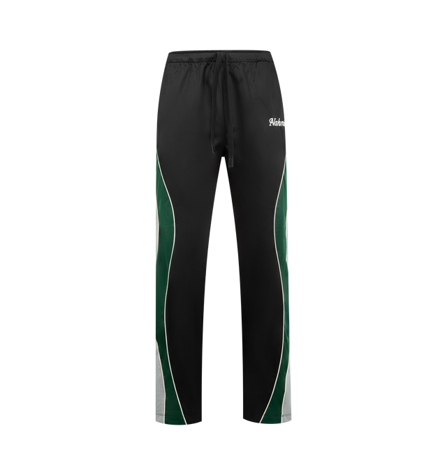 Image 1 of 4 - BLACK - NAHMIAS Ollie Track Pant featuring elastic waist with drawstring closure, 4-pocket styling, embroidered logo, relaxed fit and stripes and piping down leg. 100% polyester.