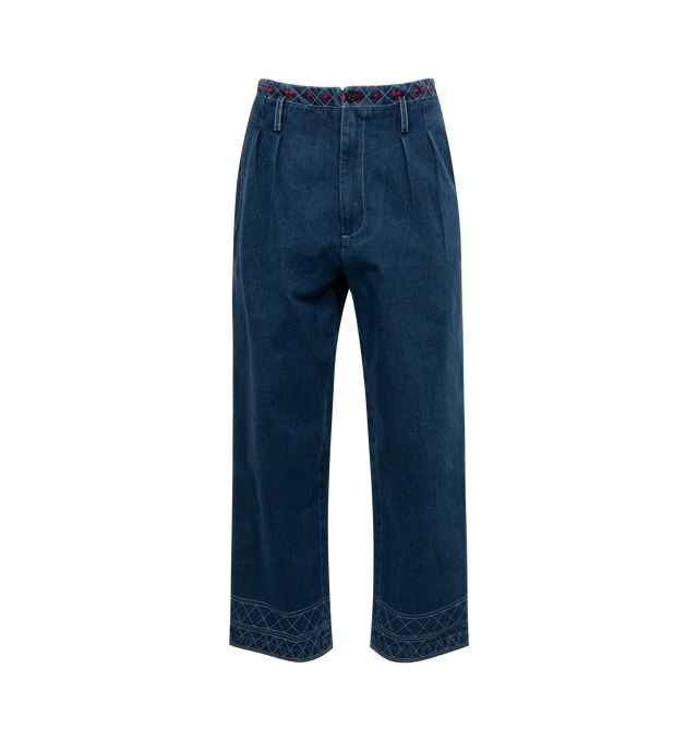 Image 1 of 2 - BLUE - BODE Embroidered Denim Murray Trousers featuring wide leg, pleats, cropped length, embroidery along the waistband and hem and label above the front right pocket. 100% cotton. Made in India. 