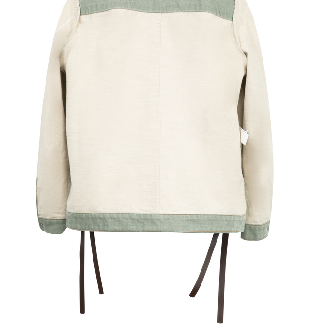 Image 4 of 4 - GREEN - Loewe Women's Workwear Jacket in medium-weight washed cotton denim featuring an asymmetric front to back hem with ties at the sides. Regular fit, regular length with classic collar, button front fastening, buttoned cuffs, patch pockets, signature four-row topstitching and embossed LOEWE Anagram placed on the chest pocket. Made in Italy.