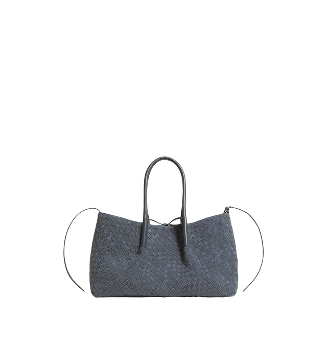 Image 1 of 4 - BLUE - BOTTEGA VENETA Pinacoteca Reversible Intrecciato Leather Tote featuring double top handles with 8" drop, open top with tie closure, removable zip pouch, reversible design, signature intrecciato woven leather detailing and suede lining. Leather. 17"W x 7"D x 9"H. Made in Italy