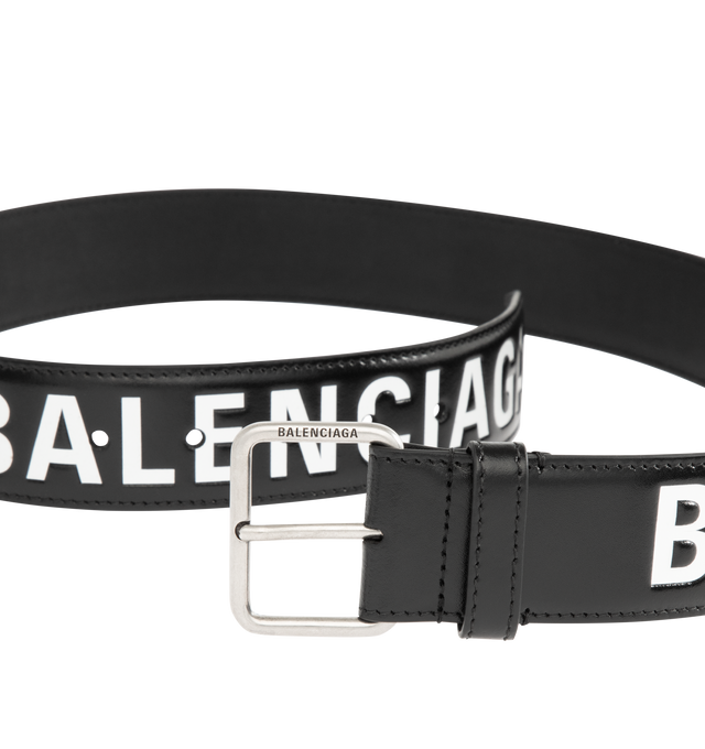 Image 2 of 2 - BLACK - BALENCIAGA Printed Letters Belt featuring box calfskin, Balenciaga logo printed, Balenciaga logo engraved on the buckle, aged-silver hardware, 5 notches on the belt and tone-on-tone leather loop. 100% calfskin. Made in Italy.