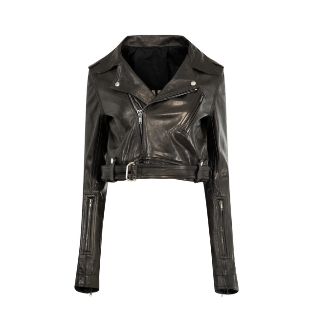 Image 1 of 3 - BLACK - RICK OWENS Cropped Luke Stooges Jacket featuring waist-length style, double-breasted front with an off-center zipper, wide collar and lapels with snap details, long sleeves with zip openings at the wrists, zipped pocket on the left forearm, a zippered jet pocket on the chest, shoulder epaulettes with snaps and a detachable belt that runs through loops at the back waistband and fastens with two D-rings. 100% leather.