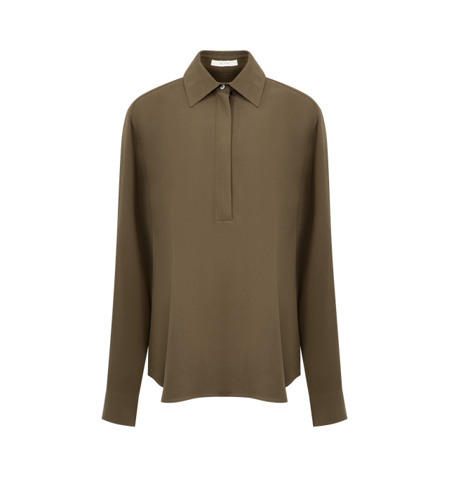 Image 1 of 2 - BROWN - THE ROW Jana Shirt featuring oversized collared shirt in lightweight silk crepe with curved, layered hem, overlayer with metal zip closure and concealed front placket at underlayer with mother-of-pearl buttons. 55% viscose, 45% silk. Made in Italy.