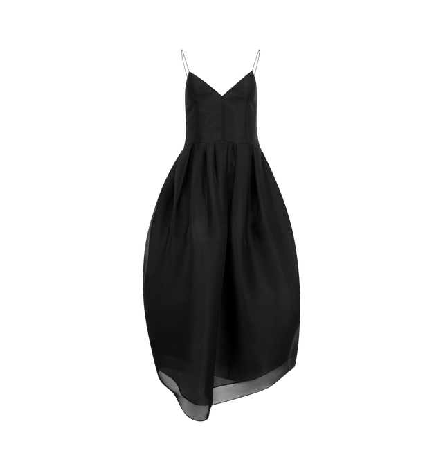 Image 1 of 2 - BLACK - KHAITE Colette Dress featuring a midi length, voluminous skirt, V-neck, fixed straps, side slip pockets, open back and back zip closure. 100% silk. Made in USA.