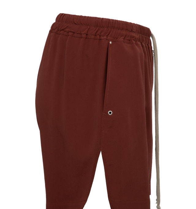 Image 3 of 4 - RED - RICK OWENS Bela Boxers featuring exposed zip fly, elastic drawstring waistband, side slip pockets, stiff poplin fabric and metal grommets. 97% cotton, 3% elastane. Made in Italy.  