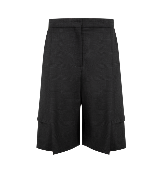 Image 1 of 3 - GREY - LOEWE Cargo Shorts in lightweight checked fluid wool tailoring featuring relaxed fit, knee length, mid waist, concealed zip fly, topstitched slash pockets, cargo pockets, maxi rear patch pockets and LOEWE embroidered patch placed at the back. Wool. Made in Italy.