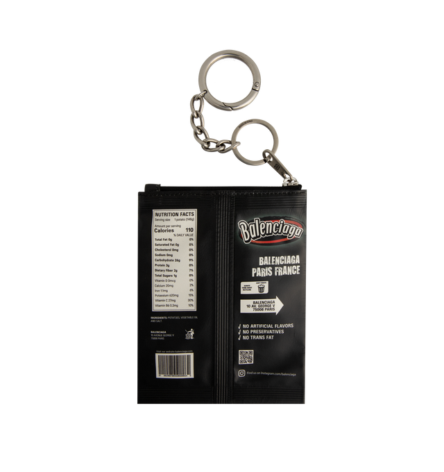 Image 2 of 2 - BLACK - BALENCIAGA Charm Keychain Chips featuring glossy calfskin, chips artwork printed at front and back, Balenciaga logo printed on the upper part of the lining, 1 main zipped compartment, TPU mirror lining, aged-silver hardware, logo engraved on both rings and multiple rings to attach on the bag or be used as a keyring. L4.3 x H5.5 x W4.3 inch. Made in Italy.