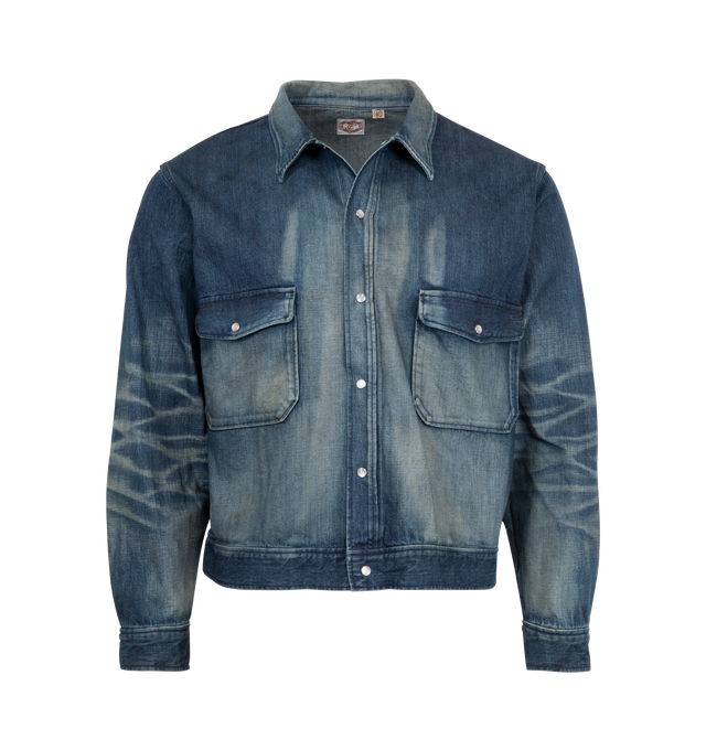 Image 1 of 2 - BLUE - FULLCOUNT Hollywood Dude Denim Jacket H.W featuring pearl button closure, flap pockets on chest, long sleeves and collar. 100% cotton.
