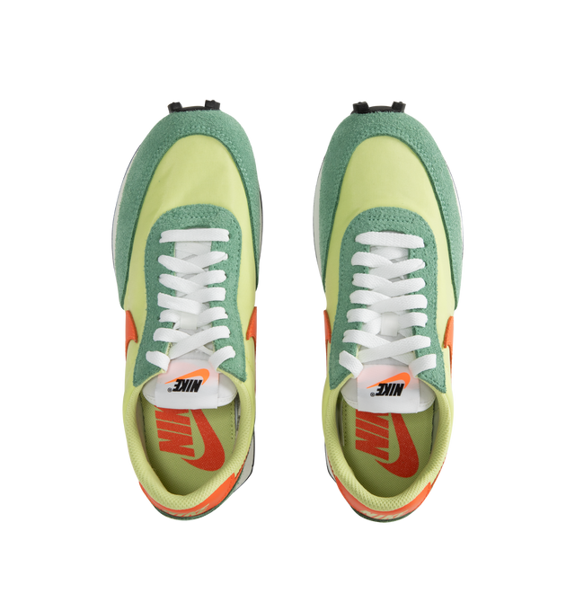 Image 5 of 5 - GREEN - Nike Men's Daybreak running shoe, inspired by colors from the '70s running boom era, combining breathable mesh and shaggy suede with a vintage Waffle outsole. Electro Orange accents radiate against the smooth Limelight and Healing Jade colorway. Calf Suede and fabric with rubber sole.