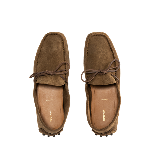 Image 4 of 4 - BROWN - TOM FORD Rod Driving Loafers featuring round toe, slips on, suede upper, leather lining and rubber sole. Made in Italy.