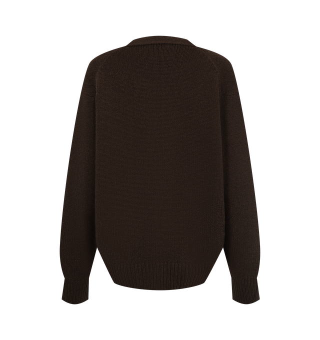 Image 2 of 2 - BROWN - The Row Women's Pranavi Cardigan is crafted from textured cashmere and features a slightly oversized silhouette with a classic V-neckline, front button closure, and ribbed trims at the neckline, cuffs, and hem. This designer cashmere cardigan combines exceptional Italian craftsmanship with rich three-ply cashmere yarn for luxurious warmth, depth, and softness, creating a timeless layering piece with effortless sophistication. Main Material: 100% Cashmere. Made in Italy.