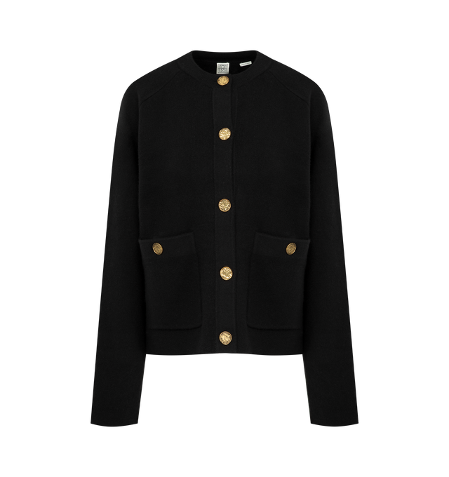 Image 1 of 2 - BLACK - TOTEME Hammered Button Cardigan featuring hammered shank button closure, patch pockets with buttons, knitted double-sided construction, long sleeves and crew neck. 53% cashmere, 44% wool, 3% elastane.