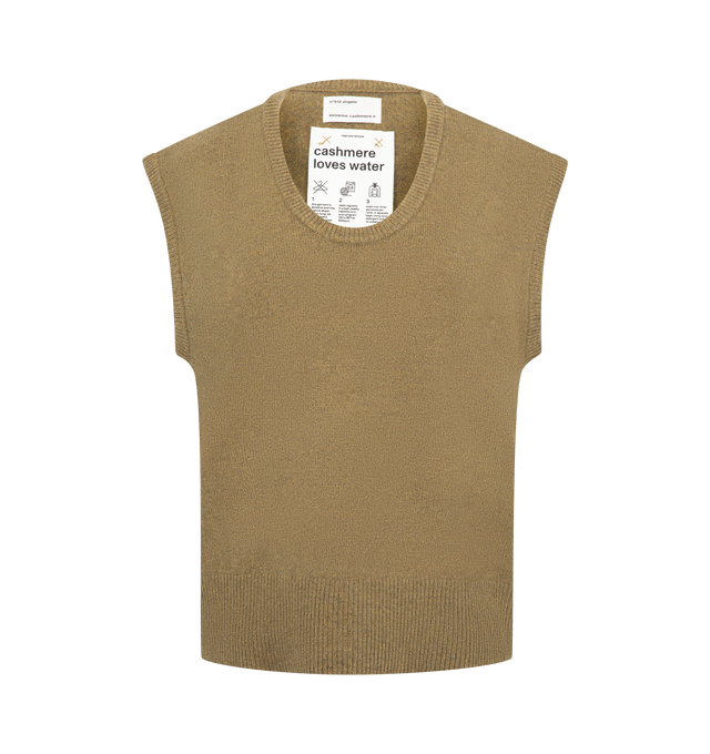 Image 1 of 2 - NEUTRAL - Extreme Cashmere Women's Angele Sweater Vest is crafted from medium-weight cashmere and features a sleeveless silhouette, a crew neckline with a deep, subtly curved shape, and a straight, easy fit. Designed for versatile layering, it is finished with ribbed detailing at the neckline, armholes, and hem. Main Material: 94% Cashmere, 5% Nylon, 1% Elastane. *This garment is one size and suits s l best.