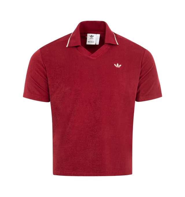 Image 1 of 2 - RED - Adidas x Wales Bonner Terry Polo featuring classic polo, textured terry cotton, embroidered Wales Bonner and Trefoil logos, polo collar and regular fit. 78% cotton, 22% polyester.