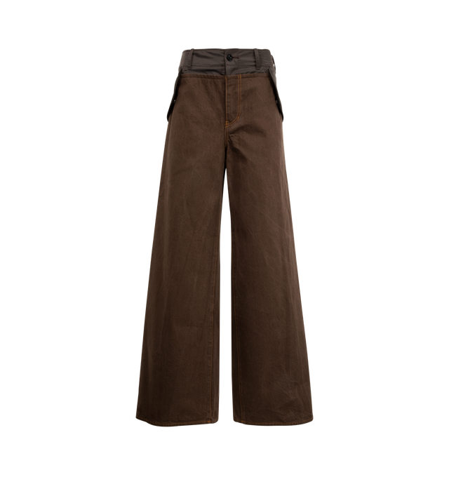 Image 1 of 3 - BROWN - SACAI Denim Pants featuring wide-leg, cotton denim design and a spliced nylon double-waistband, belt loops, side slit pockets with flap, 2 back welt pockets, adjustable waist and zip fly. 100% cotton. 100% nylon. Made in Japan.