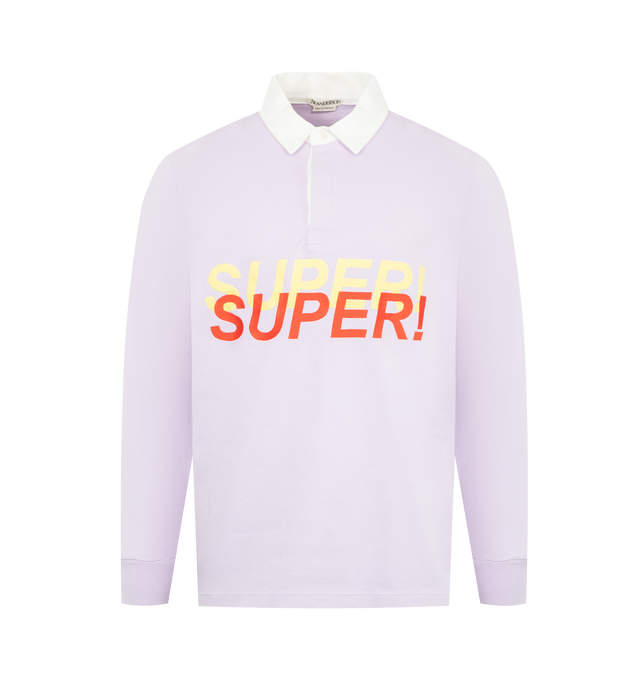 Image 1 of 2 - PURPLE - 'Super Speed' rugby polo top in pale purple jersey. Features a graphic satin stitch embroidery, a cotton twill collar and concealed placket. Finished with rib cuffs, side split at the hem and corozo buttons. 100% Cotton. Made in Portugal.