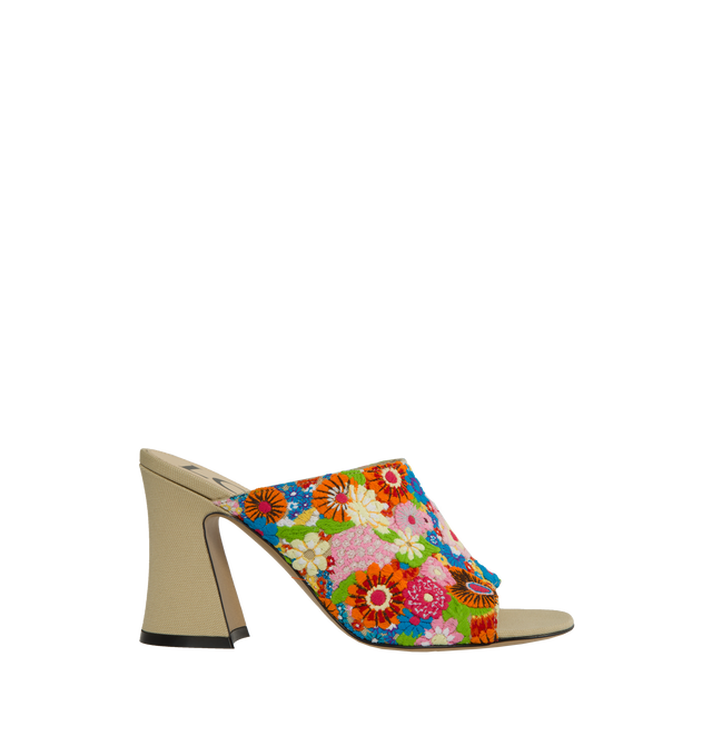 Image 1 of 4 - MULTI - LOEWE PAULA'S IBIZA Calle Open toe mule crafted in embroidered canvas featuring the signature petal toe shape and an embroidered upper with a floral pattern. Featuring chunky bobine heel and generous round toe shape, 85mm heel height, leather lining and outsole, canvas covered heel. Loewe Paula's Ibiza 2024 collection is inspired by the iconic Paula's boutique, synonymous with the counter cultural movement of 1970s Ibiza, captures the liberated vibe of summer with high impact prints,  
