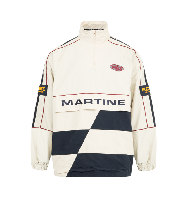 Image 1 of 3 - WHITE - MARTINE ROSE Hockey Pullover featuring a funnel neck, adjustable zip fastening, red sports piping, embroidered branding at chest and seasonal logo at back, elasticated cuffs, draw corded hem, loose fit and stand-up collar. 100% polyamide.