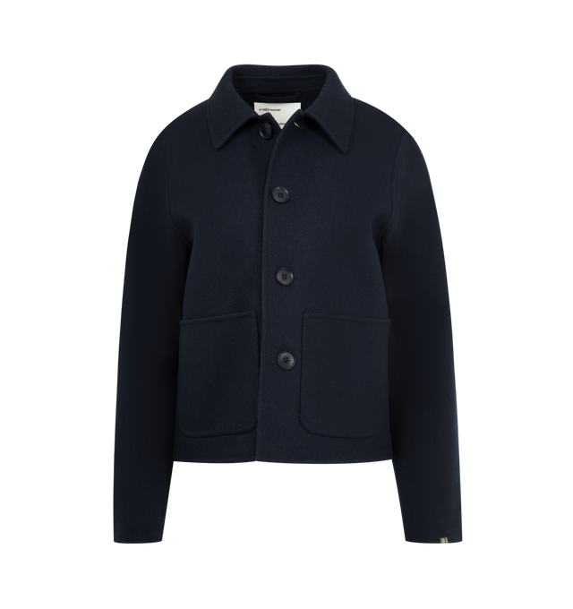 Image 1 of 2 - NAVY - EXTREME CASHMERE Mover Cardigan featuring a boxy, workwear-inspired piece reimagined in a shrunken fit, double-faced cashmere, pointed collar, two patch pockets and a five-button corozo closure. 70% wool, 30% cashmere.