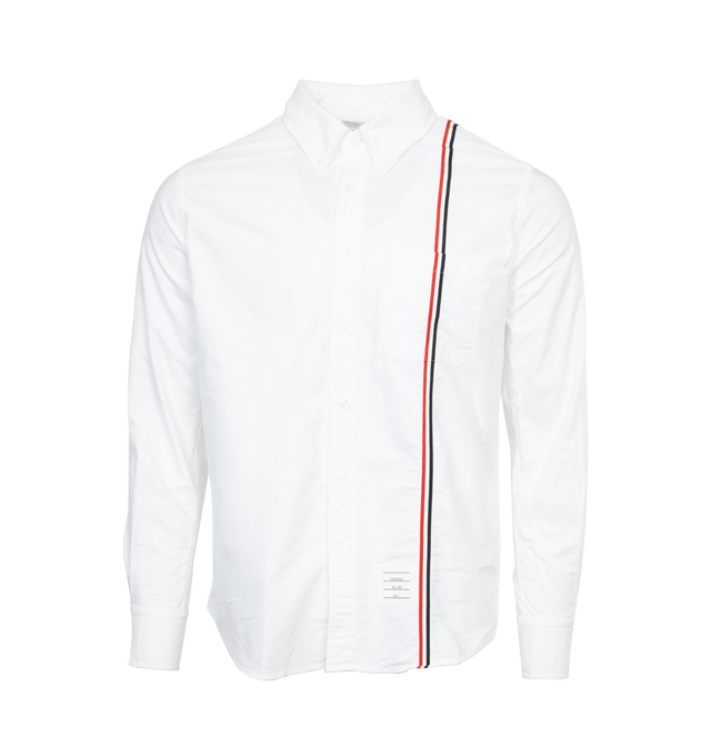 Image 1 of 3 - WHITE - THOM BROWNE RWB Stripe Shirt featuring spread collar, button closure, tricolor grosgrain trim at front and back, patch pocket, logo patch at front, shirttail hem, pleats at single-button barrel cuffs, tricolor gosgrain flag at back collar and locker loop at back yoke. 100% cotton. Made in Italy. 