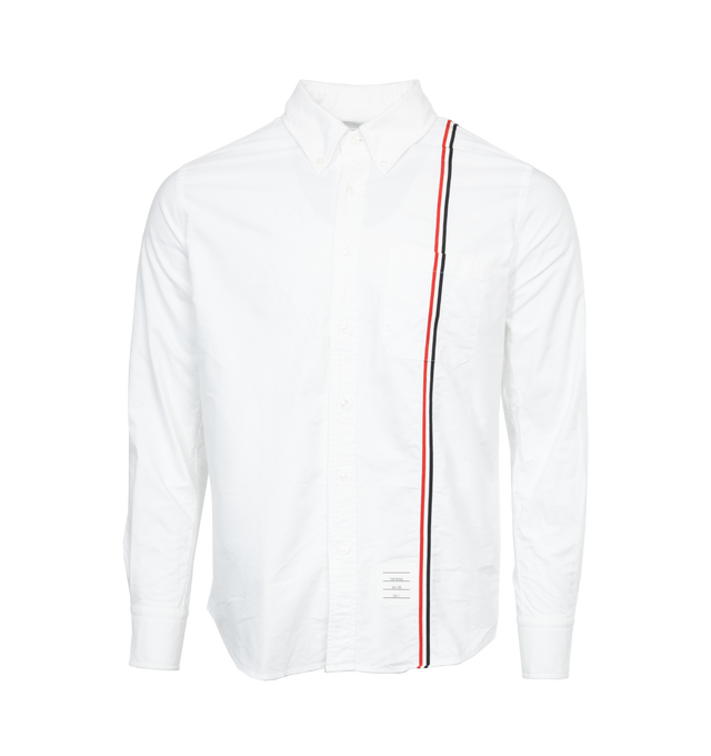 Image 1 of 3 - WHITE - THOM BROWNE RWB Stripe Shirt featuring spread collar, button closure, tricolor grosgrain trim at front and back, patch pocket, logo patch at front, shirttail hem, pleats at single-button barrel cuffs, tricolor gosgrain flag at back collar and locker loop at back yoke. 100% cotton. Made in Italy.