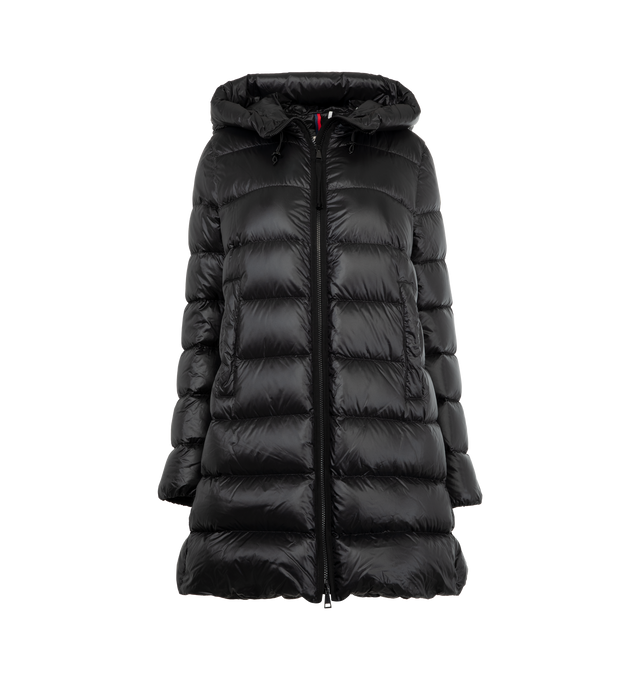 Image 1 of 3 - BLACK - MONCLER Suyenne Hooded Mid-Length Down Jacket featuring recycled longue saison lining, down-filled, adjustable hood, zipper closure, pockets with snap button closure, elastic cuffs and logo patch. 100% polyamide/nylon. Padding: 90% down, 10% feather.