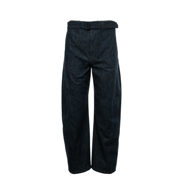 Image 1 of 4 - BLUE - LEMAIRE unisex denim pants in men's sizing. Iconic Twisted Pant crafted of a heavy denim with a visible twill weave and a deep indigo wash. Side-seams are slightly twisted giving the leg a curved shape. Featuring two side pockets, back patch pockets and contrast stitching. The fit is elongated and mid-rise and includes a matching belt to adjust the waist. 100% Cotton. 