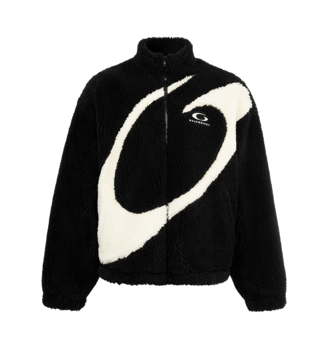 Image 1 of 3 - BLACK - BALENCIAGA Loop Sports Icon Zip-Up Jacket featuring fluffy fleece, high neck, double-ended zip fastening, long sleeves, 2 slash pockets, gathered at cuffs and waistline, loop sports icon artwork embroidered on chest and loop artwork inlaid on front. 100% polyester. Made in Portugal.