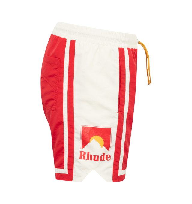 Image 3 of 3 - RED - RHUDE Moonlight Shorts featuring nylon taffeta, drawstring at elasticized waistband, three-pocket styling, vented cuffs, logo graphic printed at outseams and full lyocell twill lining. 100% nylon. Lining: 100% lyocell. Made in United States. 