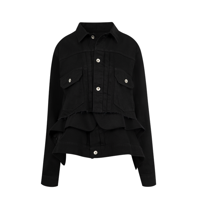Image 1 of 3 - BLACK - SACAI Denim x Wool Melton Jacket featuring long sleeves, button front closure, layered look, front flap button pockets and collar. Cotton, wool.