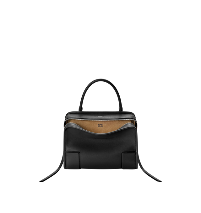 Image 1 of 17 - BLACK - Loewe Amazona Medium 180 Bag in soft calfskin leather featuring a relaxed silhouette with a single toron top handle, designed to be carried open, while a concealed closure secures the main compartment, removable shoulder and crossbody straps, zip closure with two leather zip pullers, two compartments, main compartment closed with magnetic closure, internal flat pocket, suede lining and embossed logo. Soft calfskin. Strap length 108 cm; Strap Drop 50 cm; Handle drop 11 - 28 cm; Height