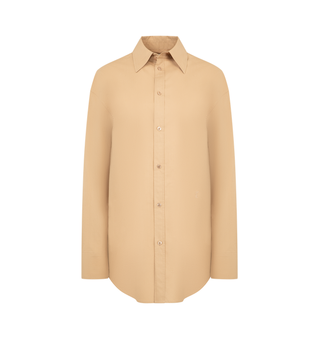 Image 1 of 2 - BROWN - SAINT LAURENT Embroidered Buttoned Shirt made with certified cotton featuring a pointed collar, chest pocket with logo embroidery, front button closure and one-button mitered cuffs. 100% cotton. Made in Italy.
