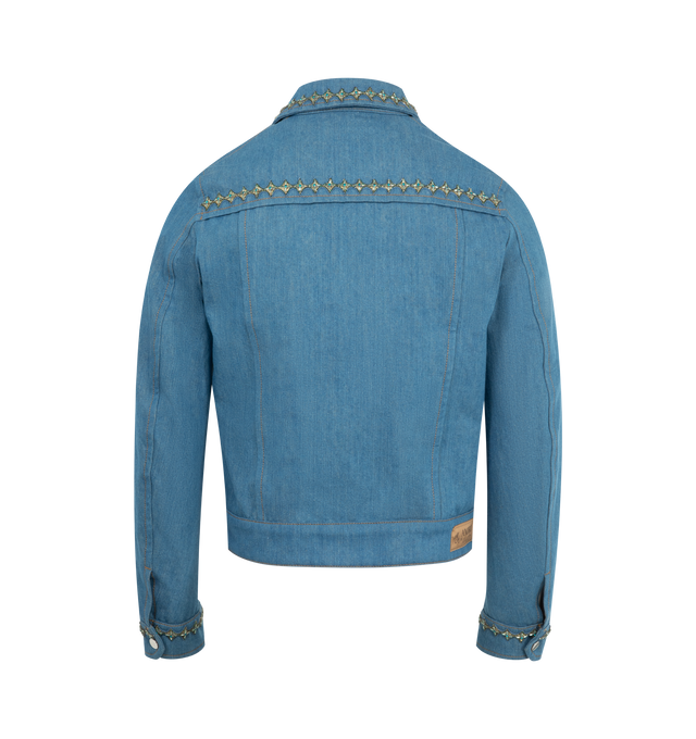 Image 2 of 3 - BLUE - AMIRI Pleated Crystal Denim Cadet Jacket featuring medium-wash denim, crystal-embellished trims, yoked shoulders, spread collar, button closure, pleated front and long sleeves with buttoned cuffs. 100% cotton. Made in Italy.