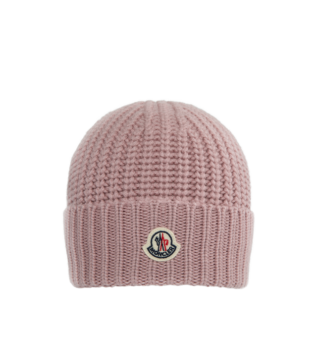 Image 1 of 2 - PINK - MONCLER Rhinestone Logo Beanie has a rhinestone encrusted logo patch and wide cuff. 100% virgin wool.  