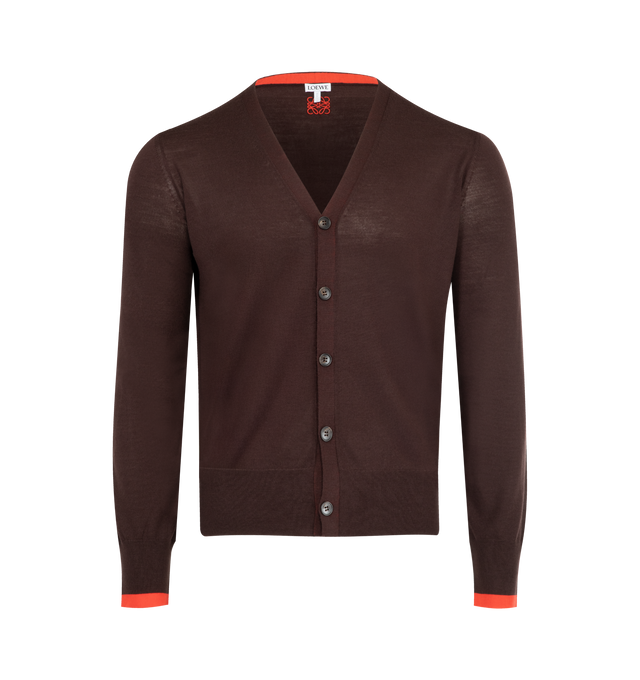 Image 1 of 2 - BROWN - LOEWE Cardigan in lightweight fine wool featuring contrast rib details at the inside collar, placket and cuffs, regular fit, regular length, jersey stitch, v neck, button front fastening, ribbed cuffs and hem and contrast Anagram embroidery placed at the back. Wool. Made in Italy.