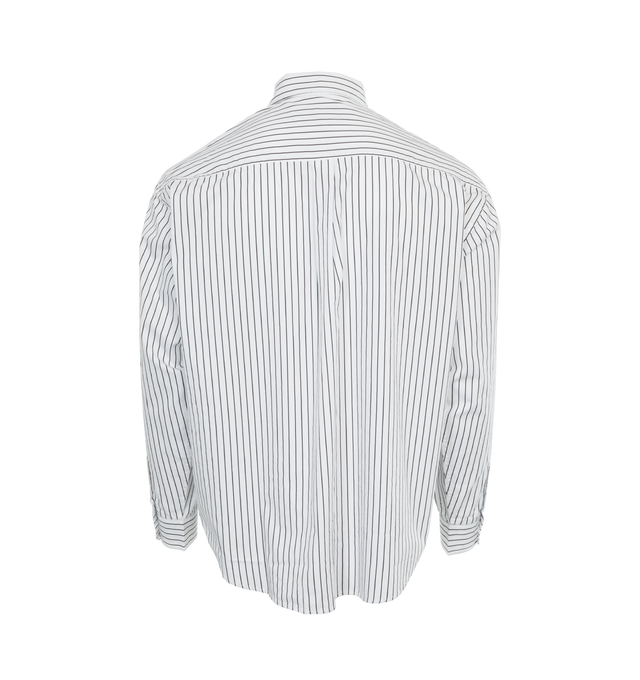 Image 2 of 3 - WHITE - CARHARTT WIP Linus Shirt featuring stripes throughout, concealed button tab at spread collar, button closure, logo graphic embroidered at patch pocket, shirttail hem, dropped shoulders, single-button barrel cuffs and box pleat at back yoke. 100% cotton. Made in Bangladesh. 